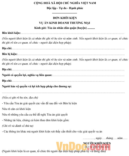 Mẫu đơn khởi kiện vụ án kinh doanh thương mại