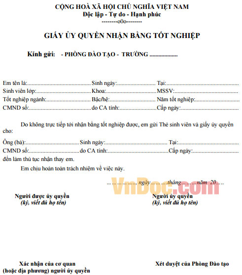 Mẫu giấy ủy quyền nhận bằng tốt nghiệp
