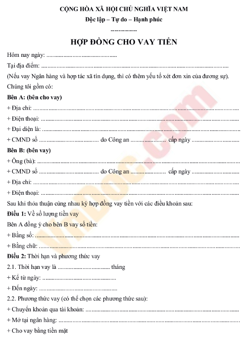 Mẫu hợp đồng cho vay tiền