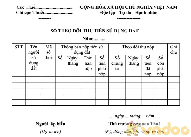 Sổ theo dõi thu tiền sử dụng đất