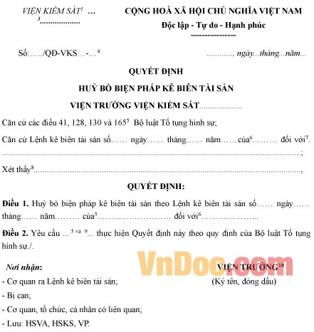 Mẫu quyết định hủy bỏ biện pháp kê biên tài sản