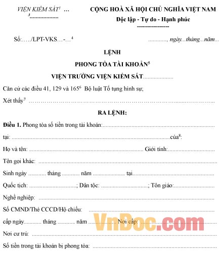 Mẫu lệnh phong tỏa tài khoản