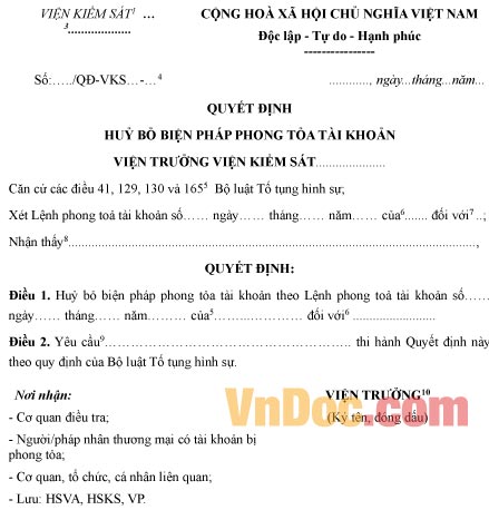 Mẫu quyết định hủy bỏ biện pháp phong tỏa tài khoản