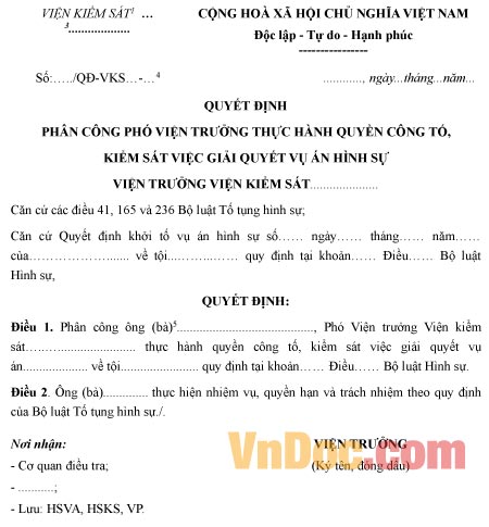 Mẫu quyết định phân công phó viện trưởng thực hành quyền công tố