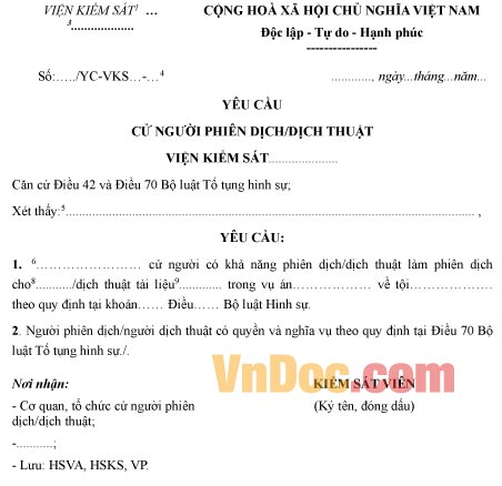 Mẫu yêu cầu cử người phiên dịch, dịch thuật