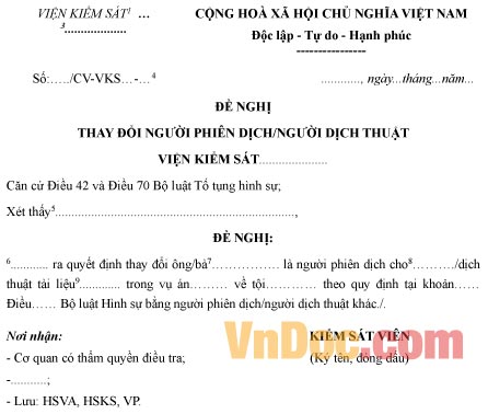 Mẫu đề nghị thay đổi người phiên dịch, người dịch thuật