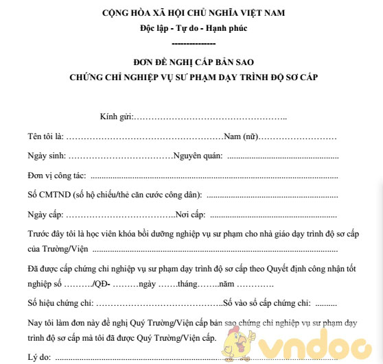 Đơn đề nghị cấp bản sao chứng chỉ nghiệp vụ sư phạm dạy trình độ sơ cấp