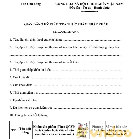 Giấy đăng ký kiểm tra thực phẩm nhập khẩu