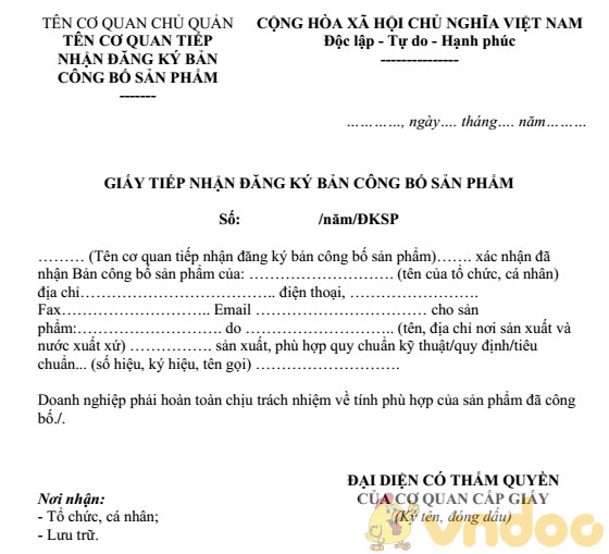Giấy tiếp nhận đăng ký bản công bố sản phẩm