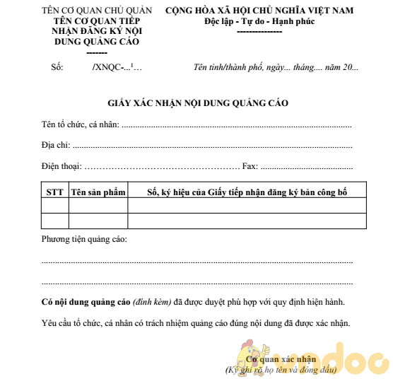 Giấy xác nhận nội dung quảng cáo