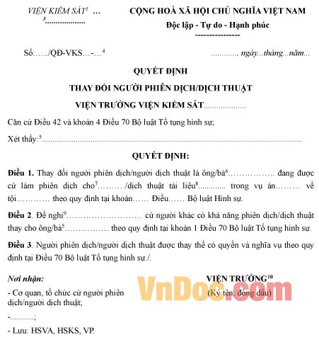 Mẫu quyết định thay đổi người phiên dịch, dịch thuật