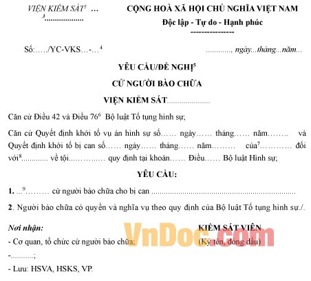 Mẫu yêu cầu, đề nghị cử người bào chữa