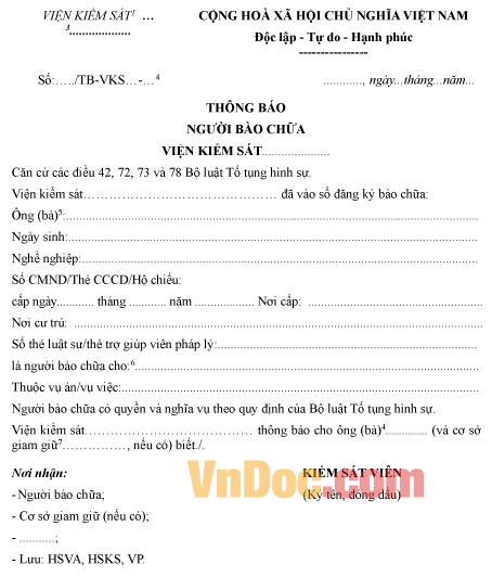 Mẫu thông báo người bào chữa