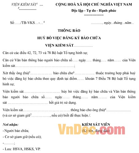 Mẫu thông báo hủy bỏ việc đăng ký bào chữa