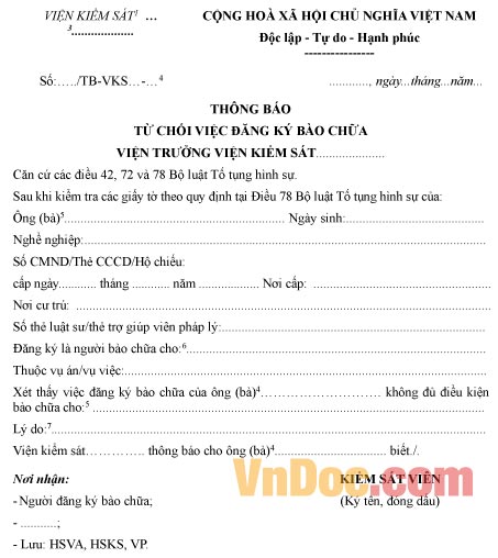 Mẫu thông báo từ chối việc đăng ký bào chữa