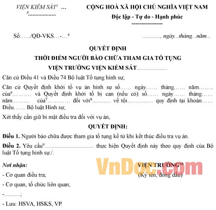 Mẫu quyết định thời điểm người bào chữa tham gia tố tụng