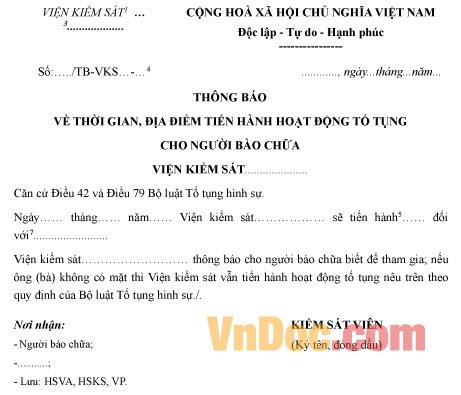 Mẫu thông báo thời gian, địa điểm tiến hành tố tụng cho người bào chữa