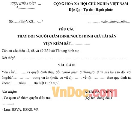 Mẫu yêu cầu thay đổi người giám định, người định giá tài sản