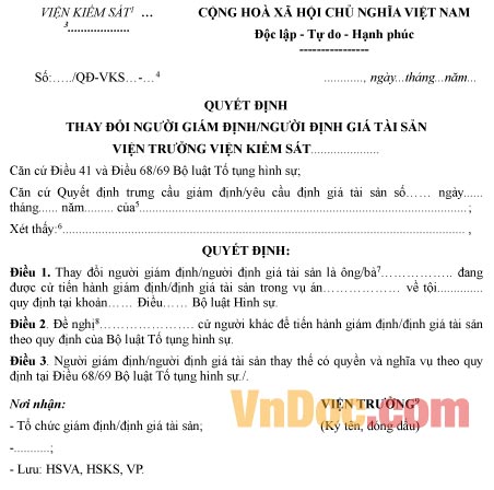 Mẫu quyết định thay đổi người giám định, người định giá tài sản
