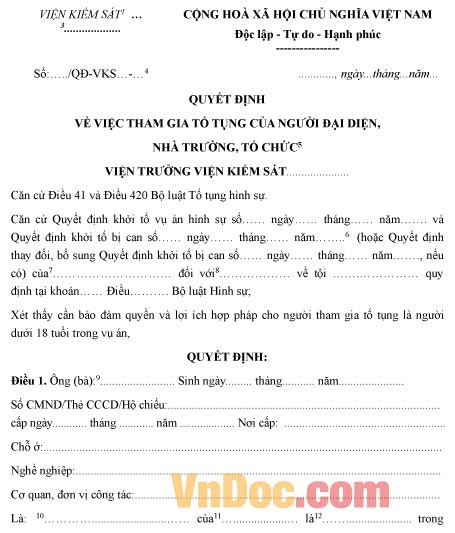 Mẫu quyết định tham gia tố tụng của người đại diện