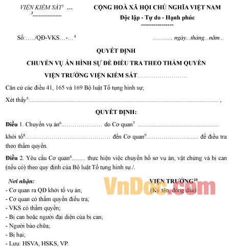 Mẫu quyết định chuyển vụ án hình sự để điều tra theo thẩm quyền