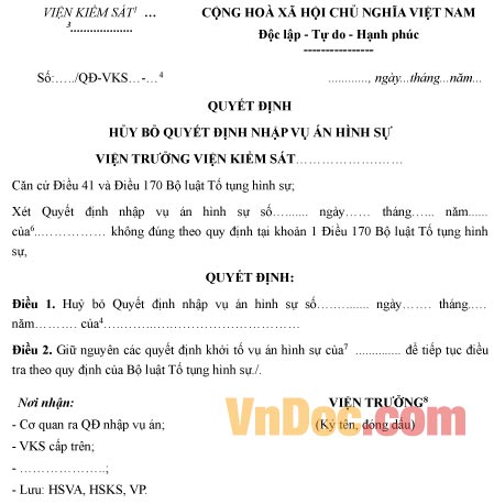 Mẫu quyết định hủy bỏ quyết định nhập vụ án hình sự