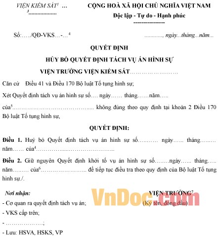 Mẫu quyết định hủy bỏ quyết định tách vụ án hình sự