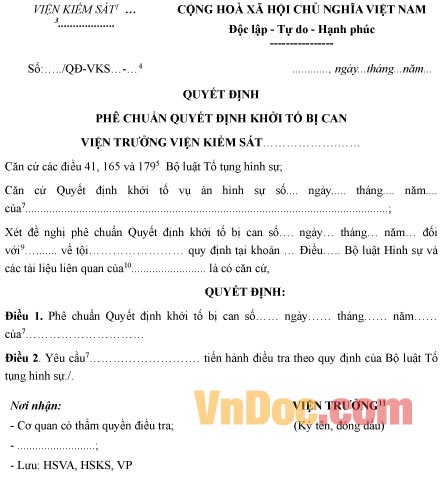 Mẫu quyết định phê chuẩn quyết định khởi tố bị can
