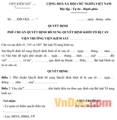 Mẫu quyết định phê chuẩn quyết định bổ sung quyết định khởi tố bị can