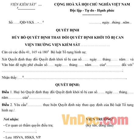 Mẫu quyết định hủy bỏ quyết định thay đổi quyết định khởi tố bị can