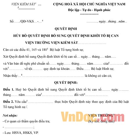 Mẫu quyết định hủy bỏ quyết định bổ sung quyết định khởi tố bị can