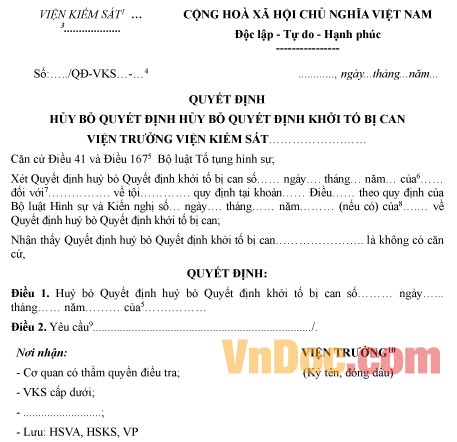 Mẫu quyết định hủy bỏ quyết định hủy bỏ quyết định khởi tố bị can