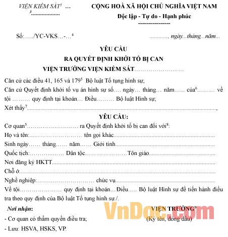 Mẫu yêu cầu ra quyết định khởi tố bị can