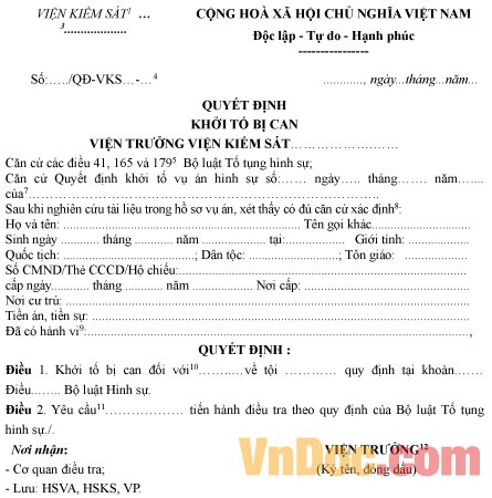 Mẫu quyết định khởi tố bị can