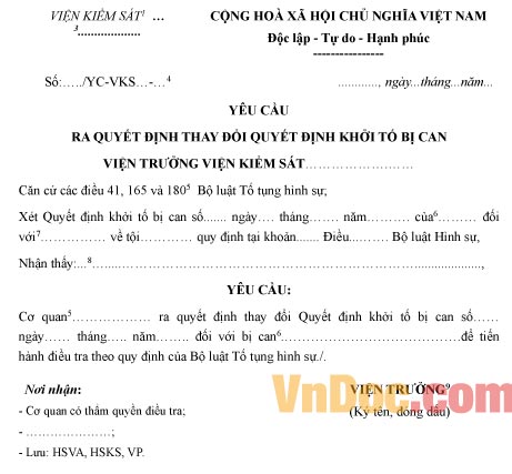 Mẫu yêu cầu ra quyết định thay đổi quyết định khởi tố bị can