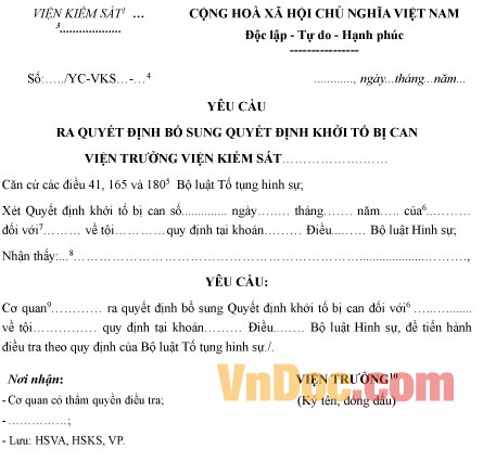 Mẫu yêu cầu ra quyết định bổ sung quyết định khởi tố bị can