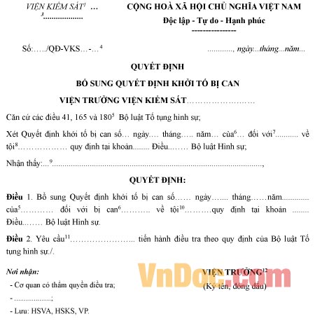 Mẫu quyết định bổ sung quyết định khởi tố bị can