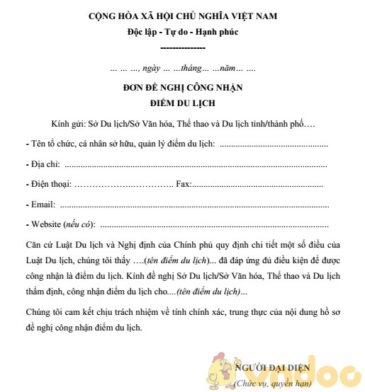 Đơn đề nghị công nhận điểm du lịch