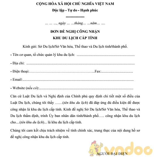Đơn đề nghị công nhận khu du lịch cấp tỉnh