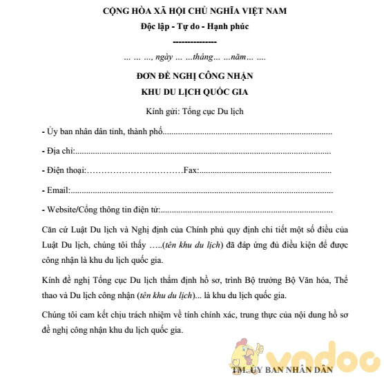 Đơn đề nghị công nhận khu du lịch quốc gia