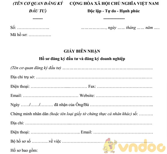 Mẫu giấy biên nhận hồ sơ đăng ký đầu tư và đăng ký doanh nghiệp