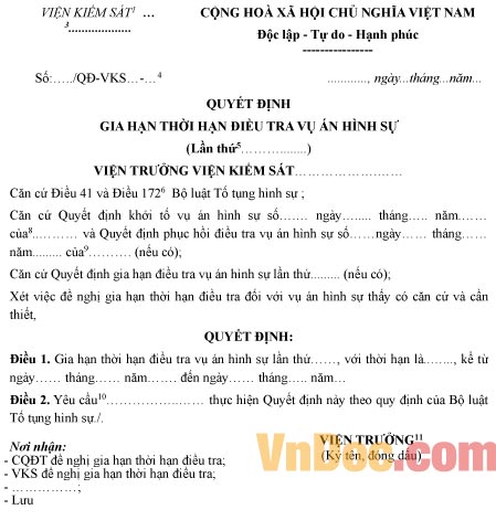 Mẫu quyết định gia hạn thời hạn điều tra vụ án hình sự