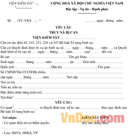 Mẫu yêu cầu truy nã bị can