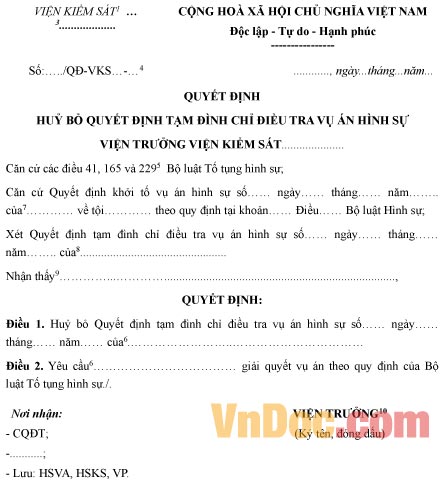 Mẫu quyết định hủy bỏ quyết định tạm đình chỉ điều tra vụ án hình sự
