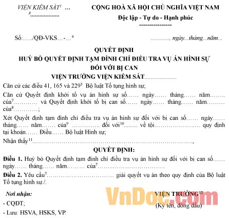 Mẫu quyết định hủy bỏ quyết định tạm đình chỉ điều tra vụ án hình sự đối với bị can