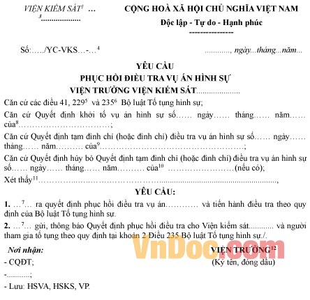 Mẫu yêu cầu phục hồi điều tra vụ án hình sự