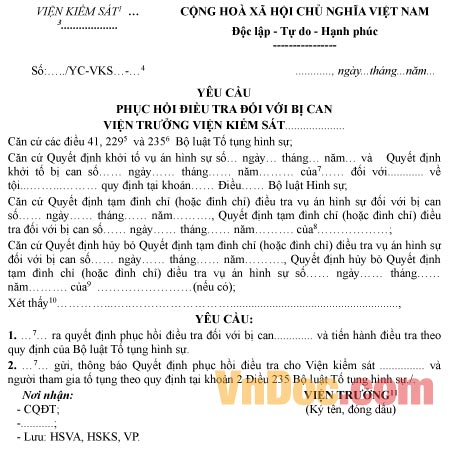 Mẫu yêu cầu phục hồi điều tra đối với bị can