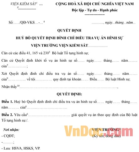 Mẫu quyết định hủy bỏ quyết định đình chỉ điều tra vụ án hình sự