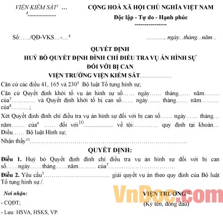 Mẫu quyết định hủy bỏ quyết định đình chỉ điều tra vụ án hình sự đối với bị can