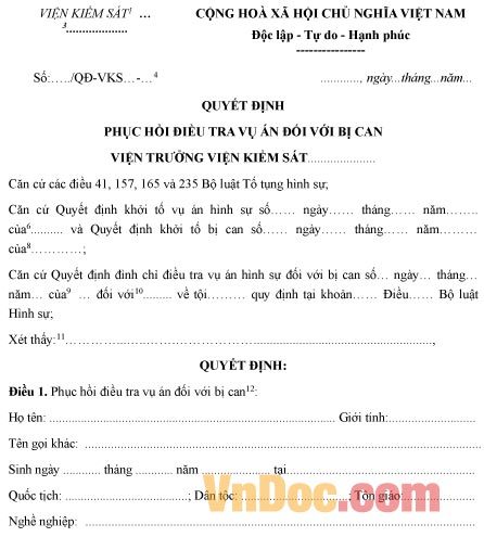 Mẫu quyết định phục hồi điều tra vụ án đối với bị can